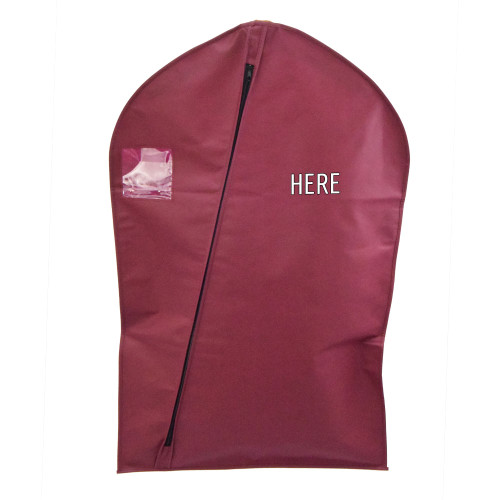 Garment Bag in maroon monogram placement on right side.