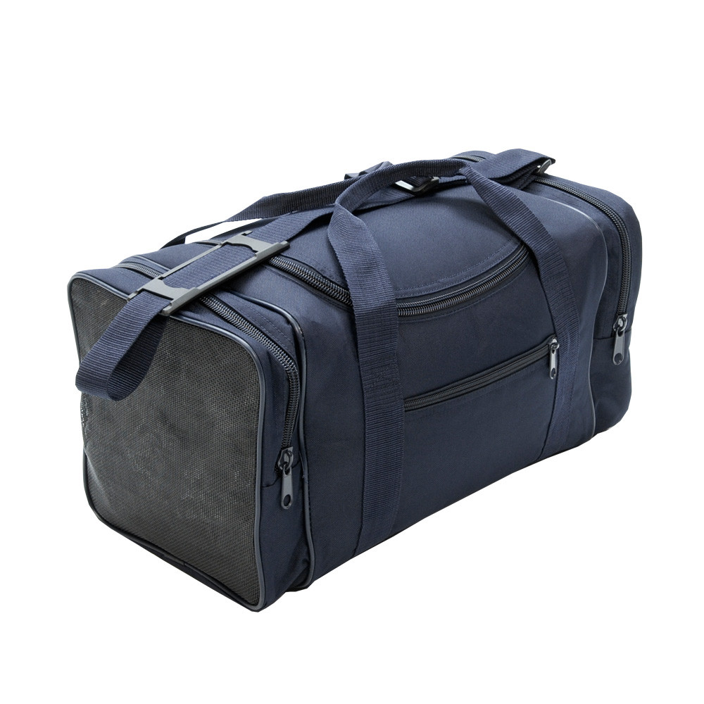 Square Sports Duffel in Navy with top handles, shoulder strap, main center pocket, small front pocket, and mesh end pocket.