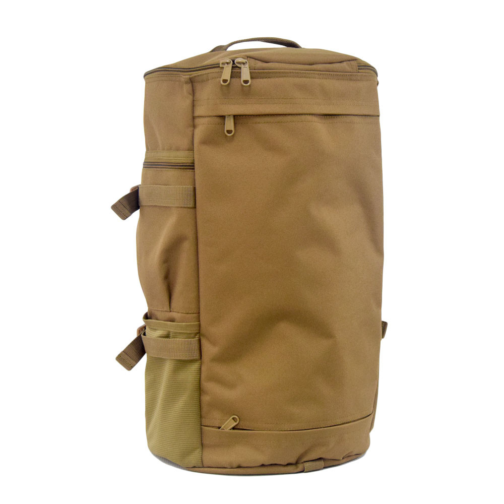 Backside of GTFO Top Load Duffel Backpack in coyote brown showing pocket to stow away backpack straps.