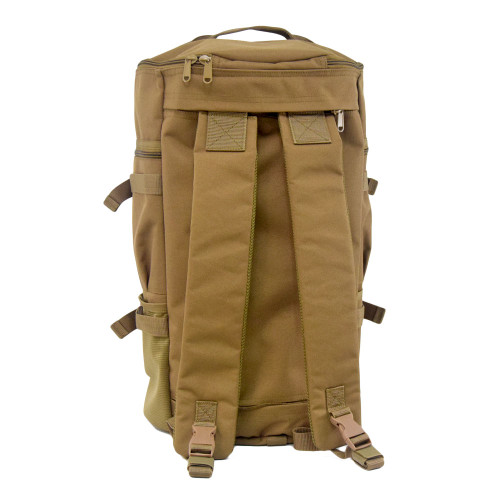 Backpack straps on the GTFO Top Load Duffel Backpack in coyote brown.