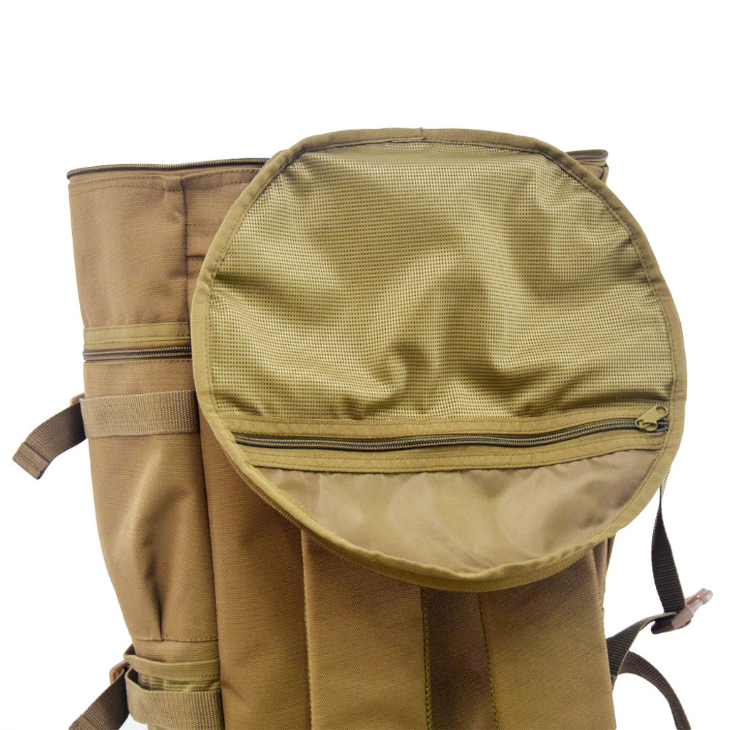 GTFO Top Load Duffel Backpack in coyote brown with top lid opened showing Interior mesh zippered pocket on top flap.