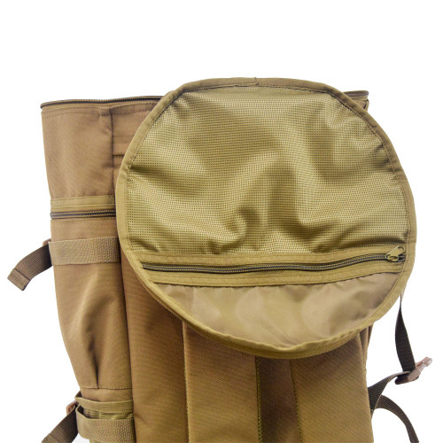GTFO Top Load Duffel Backpack in coyote brown with top lid opened showing Interior mesh zippered pocket on top flap.