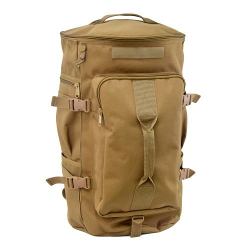 Front of GTFO Top Load Duffel Backpack in coyote brown with large front pocket and grab handles on top and sides.