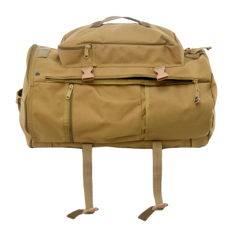 GTFO Top Load Duffel Backpack in coyote brown shown on side as a duffel with zipper opening across the side that provides convenient access to gear inside without having to unpack and compression straps unbuckled.