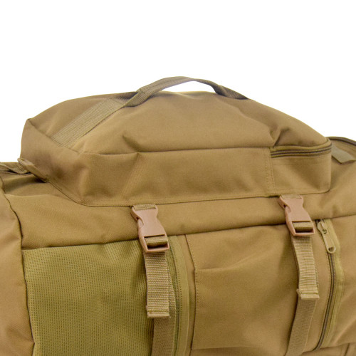 Close up of GTFO Top Load Duffel Backpack in coyote brown on side showing large front / top zippered pocket to store smaller items.
