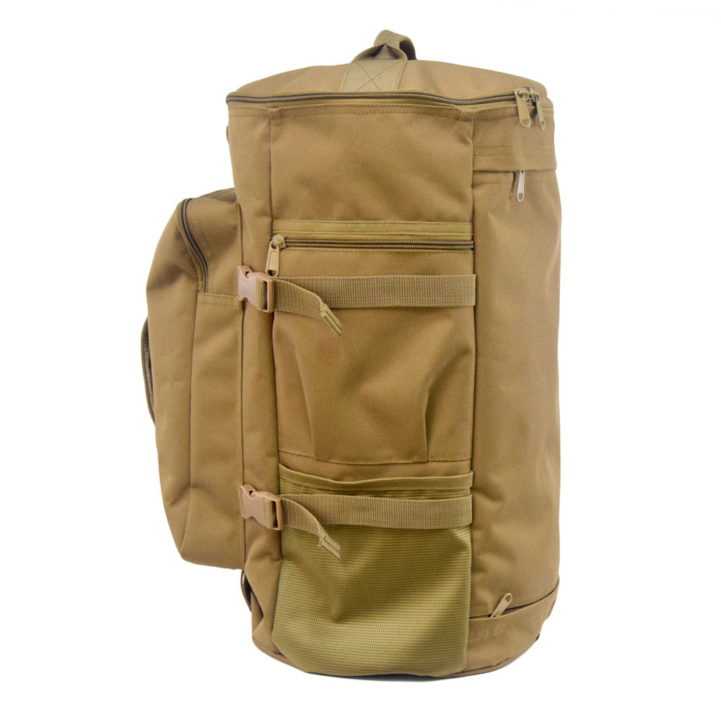 Other side of GTFO Top Load Duffel Backpack in coyote brown showing zippered pocket & mesh pocket perfect for water bottles.