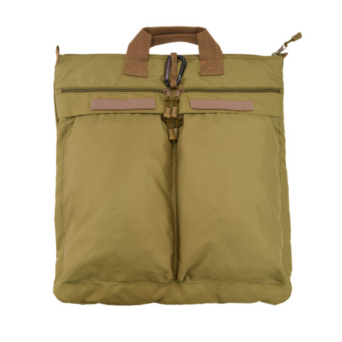Deluxe Helmet Bag in coyote brown with two full length front pockets with zipper closures, loop backing strips for name tape, carabiner, and top handle.