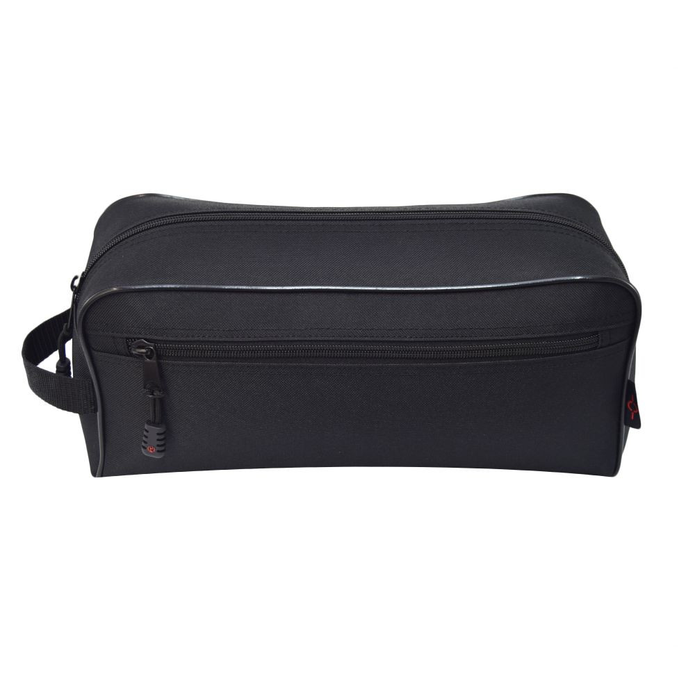 Large Toiletry Bag in black with side zippered pouch and handle.