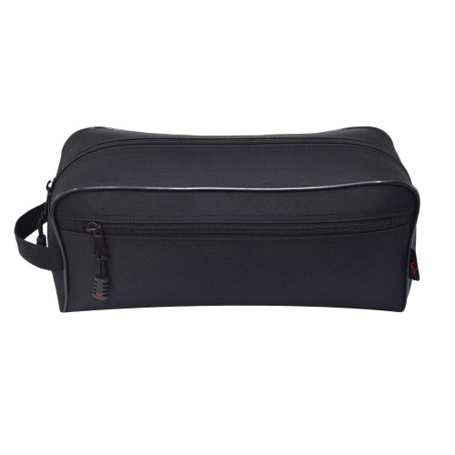 Large Toiletry Bag in black with side zippered pouch and handle.
