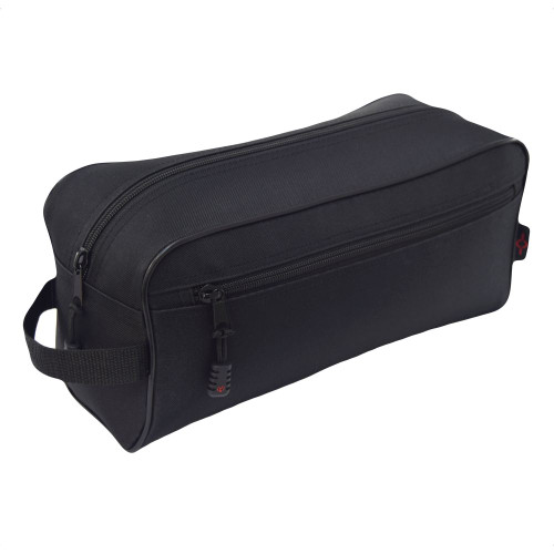 Large Toiletry Bag in black with side zippered pouch and handle.