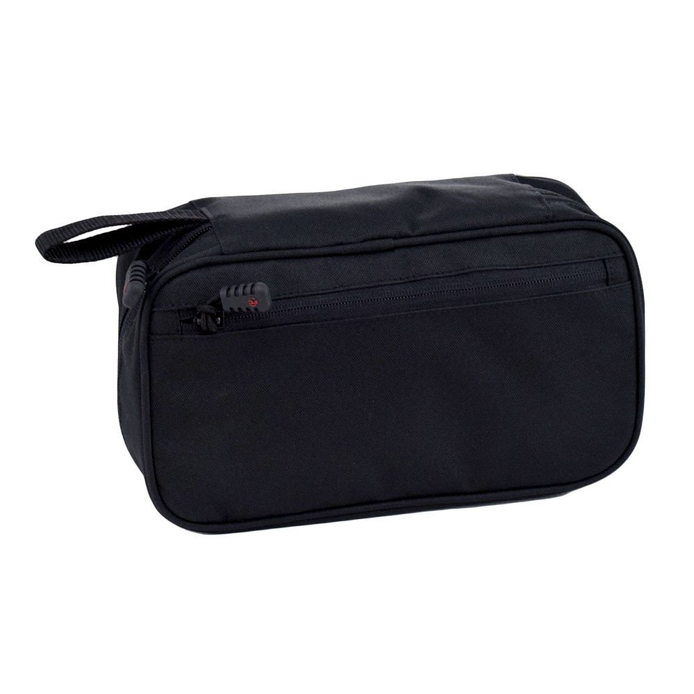 Concho Hanging Toiletry Bag in black shown closed with zippered pocket on back.