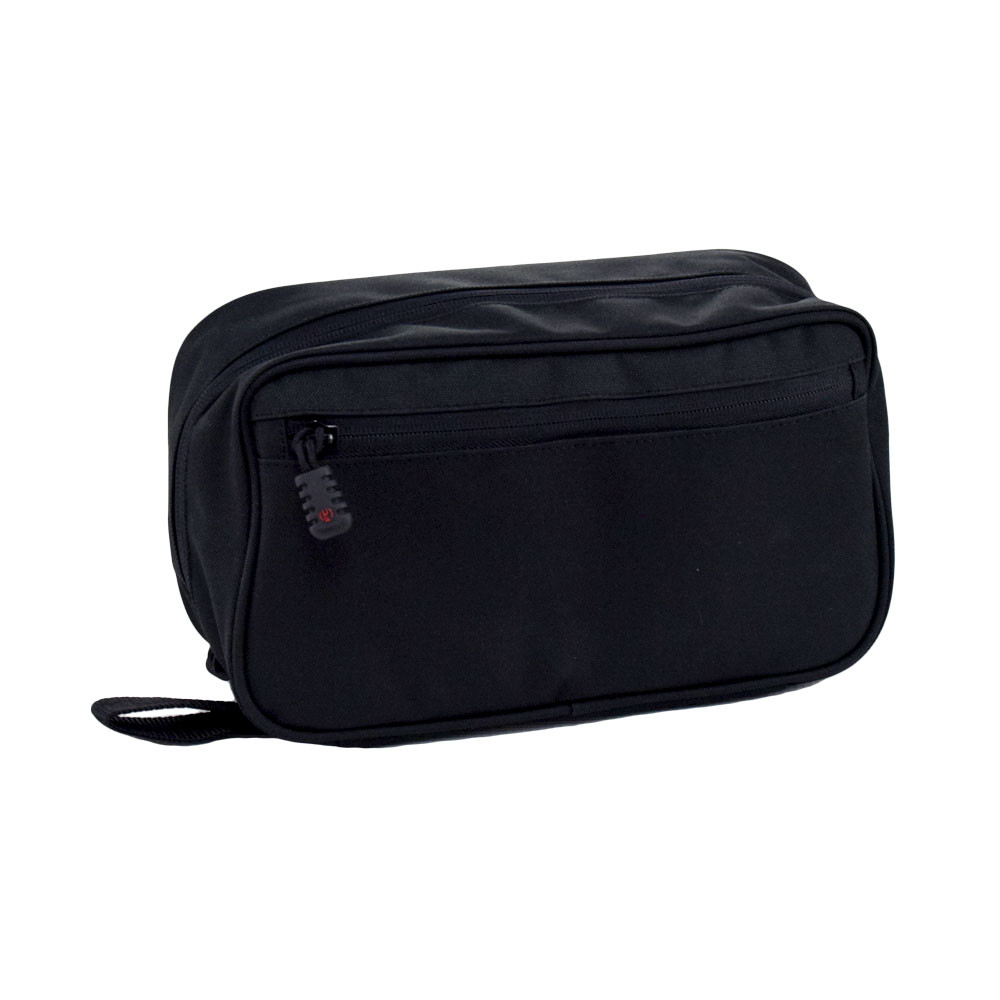 Concho Hanging Toiletry Bag in black shown closed with zippered pocket on front.