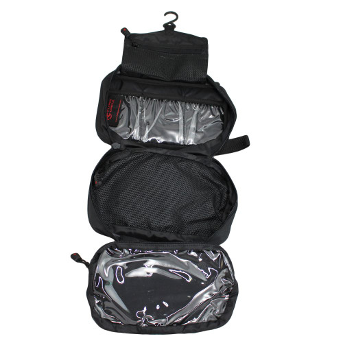 Concho Hanging Toiletry Bag in Black shown opened with hook at top for hanging and empty clear and mesh interior pockets.
