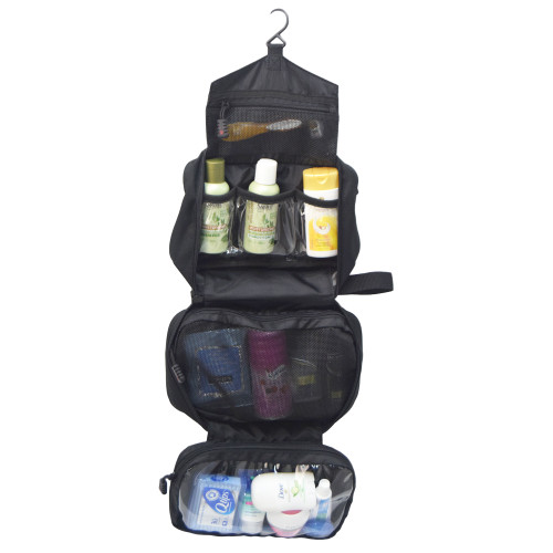 Concho Hanging Toiletry Bag in Black shown opened with hook at top for hanging and women's toiletries inside clear and mesh interior pockets.
