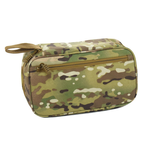 Concho Hanging Toiletry Bag in MultiCam® shown closed with zippered pocket on back.