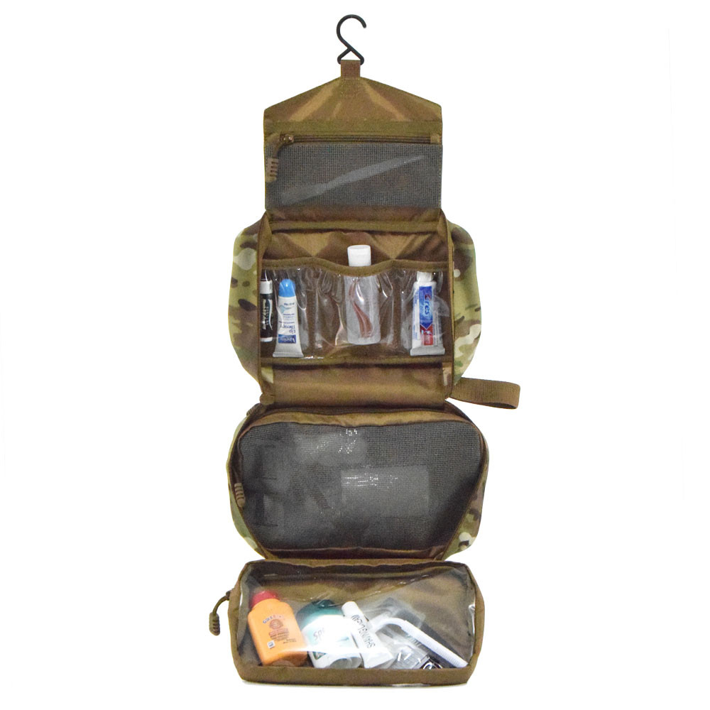 Concho Hanging Toiletry Bag in MultiCam®  shown opened with hook at top for hanging and toiletries inside clear and mesh interior pockets.