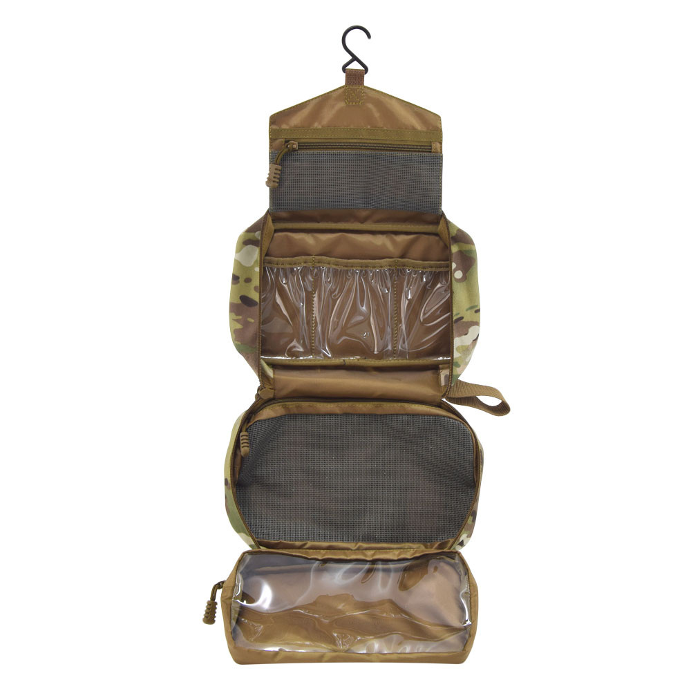 Concho Hanging Toiletry Bag in MultiCam® shown opened with hook at top for hanging and empty clear and mesh interior pockets.
