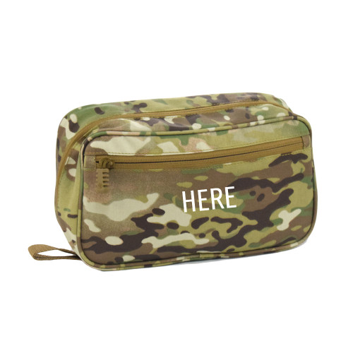 Concho Hanging Toiletry Bag in MultiCam® shown closed with zippered pocket on front and monogram placement on center of bag.