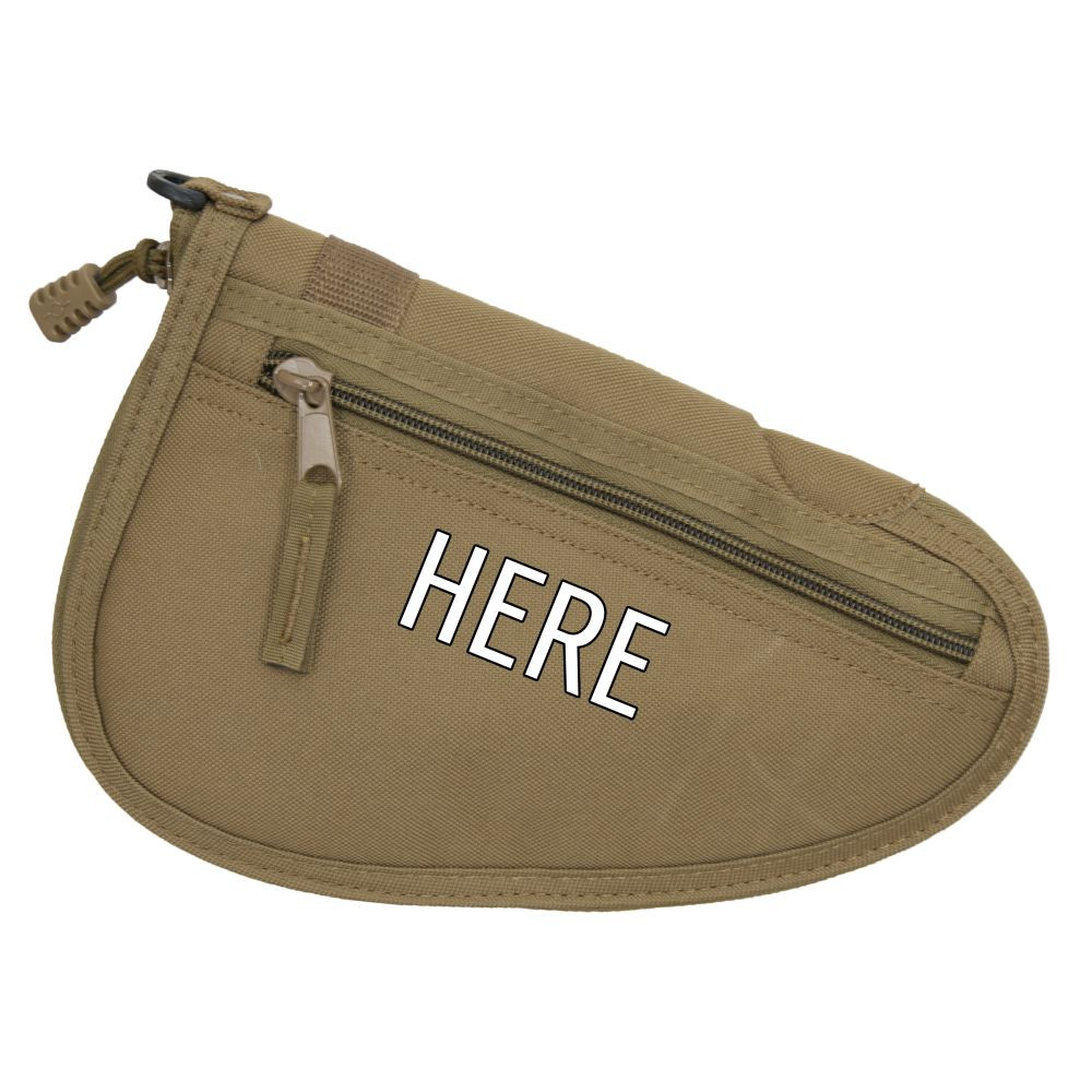 Monogram placement shown on Small Tactical Pistol Rug in coyote brown under side zippered pocket.