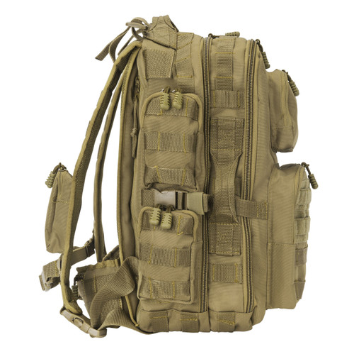Brazos Concealed Carry Backpack in coyote brown with side pockets, MOLLE webbing and compression straps on side.