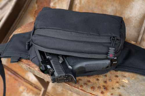 EDC Concealed Carry Sling Bag & Waist Pack  in Black with handgun inside.