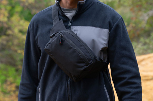EDC Sling Bag & Waist Pack in Black worn across chest.