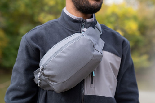 EDC Sling Bag & Waist Pack in Gun Metal worn across chest.