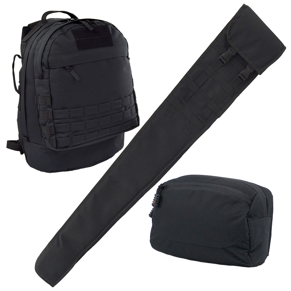 Hunter's Bundle featuring the Pecos Tactical Backpack, Shotgun Scabbard, and EDC Sling Bag & Waist Pack in Black.