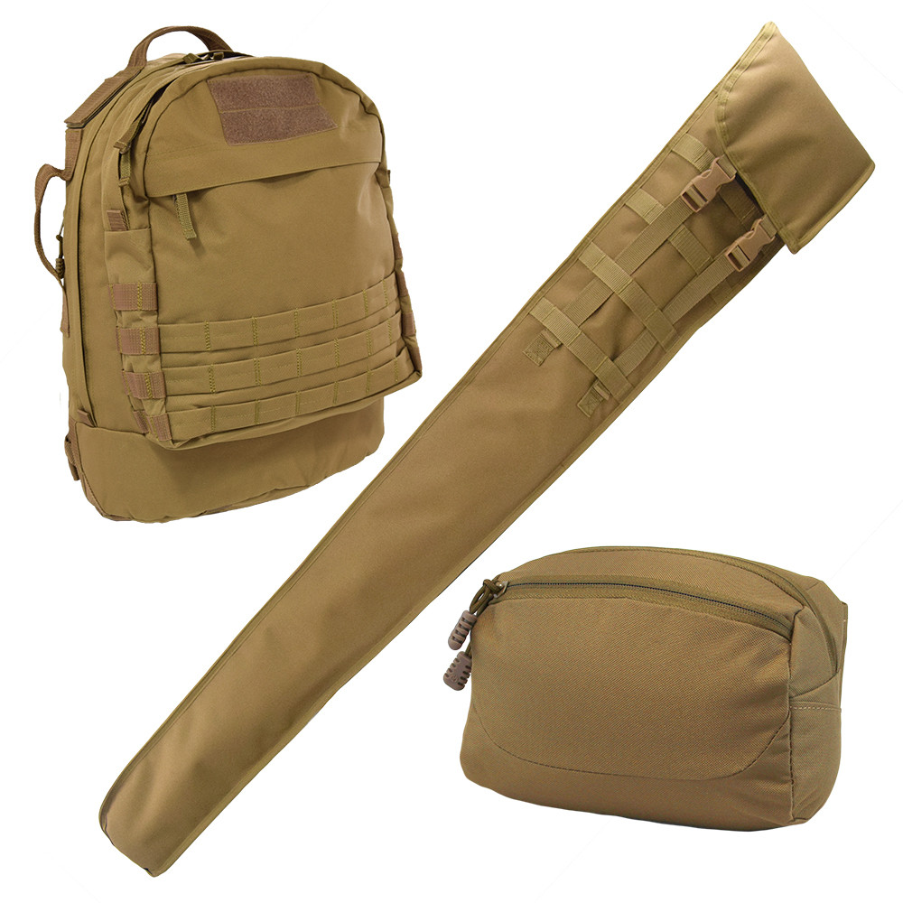 Hunter's Bundle featuring the Pecos Tactical Backpack, Shotgun Scabbard, and EDC Sling Bag & Waist Pack in Coyote Brown.