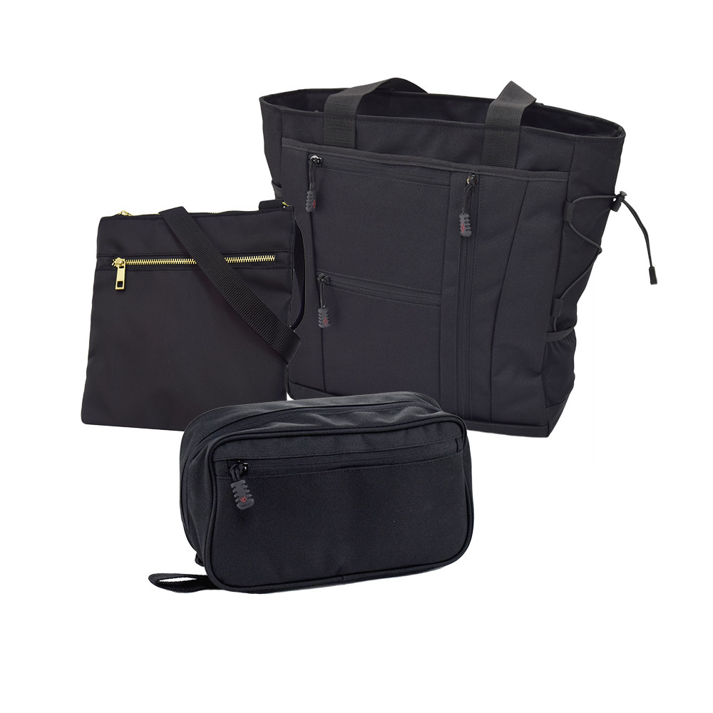 The Mom on the Go Bundle features the Deluxe Travel Tote, Crossbody Bag, and Concho Hanging Toiletry Bag in Black.