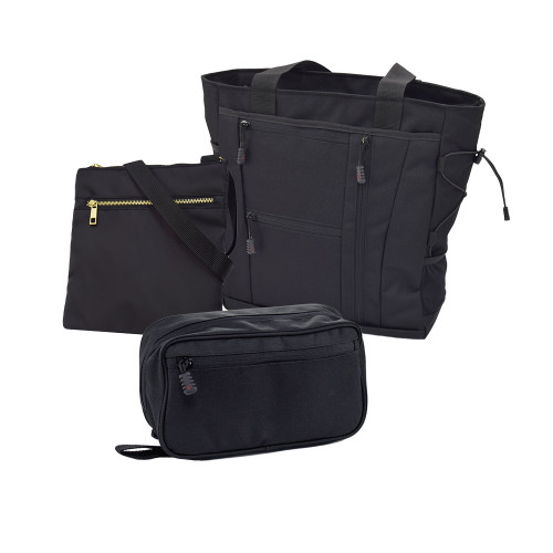 The Mom on the Go Bundle features the Deluxe Travel Tote, Crossbody Bag, and Concho Hanging Toiletry Bag in Black.