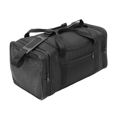 Square Sports Duffel in Black with top handles, shoulder strap, main center pocket, small front pocket, and mesh end pocket.