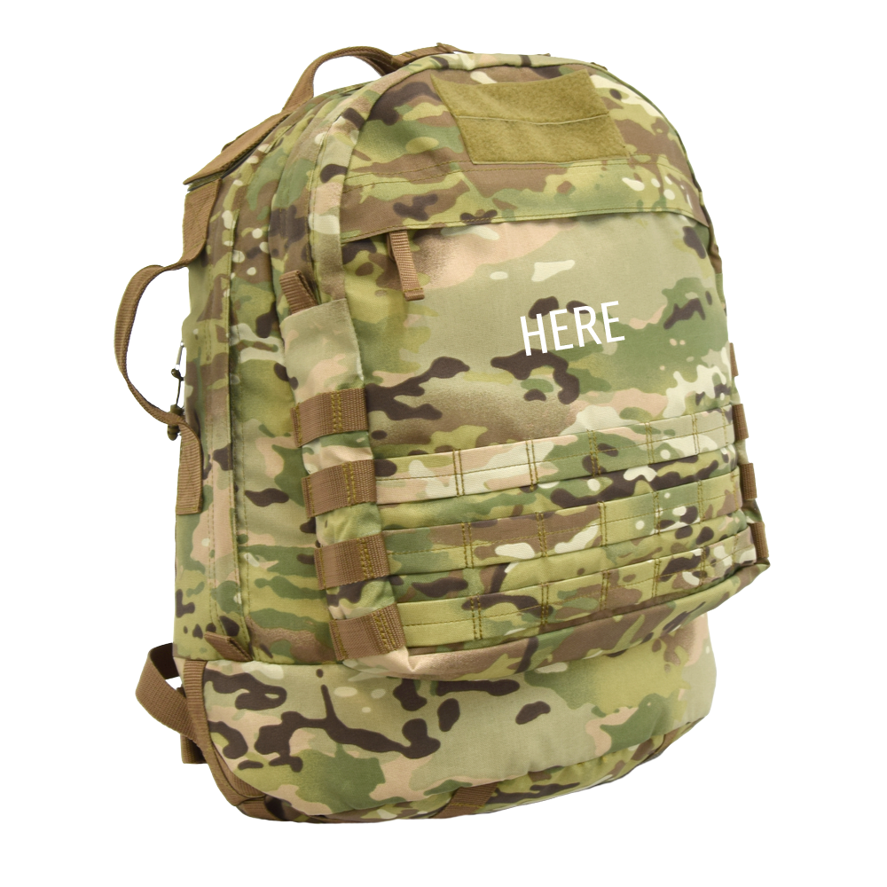 Monogram placement shown on front pocket of the Pecos Tactical Backpack in MultiCam®.