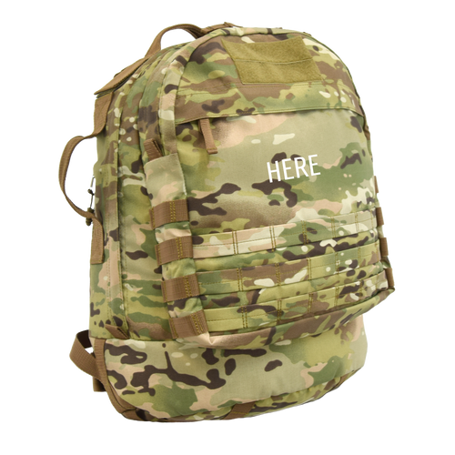 Monogram placement shown on front pocket of the Pecos Tactical Backpack in MultiCam®.