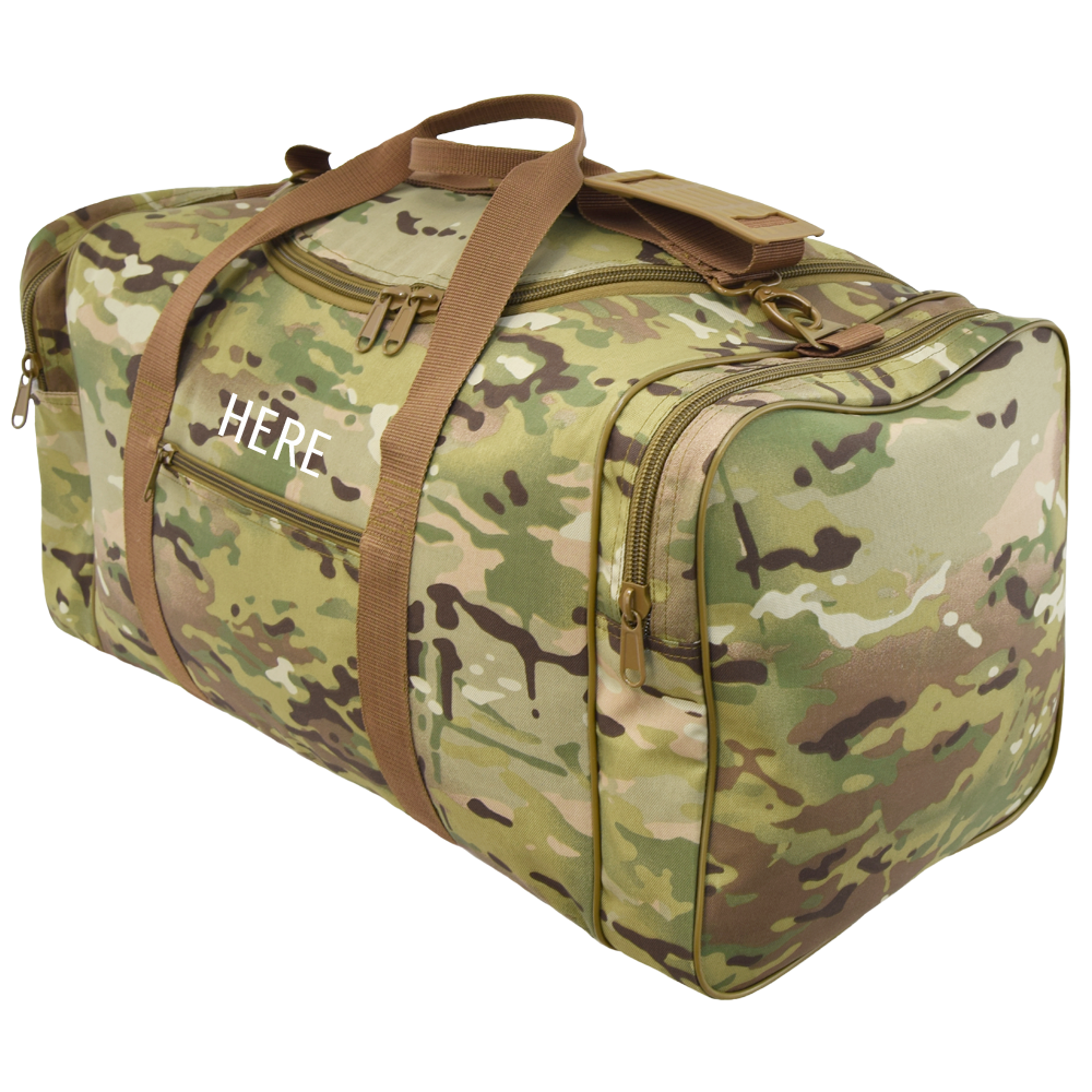 MultiCam® Large Square Duffel with monogram placement shown above front pocket.