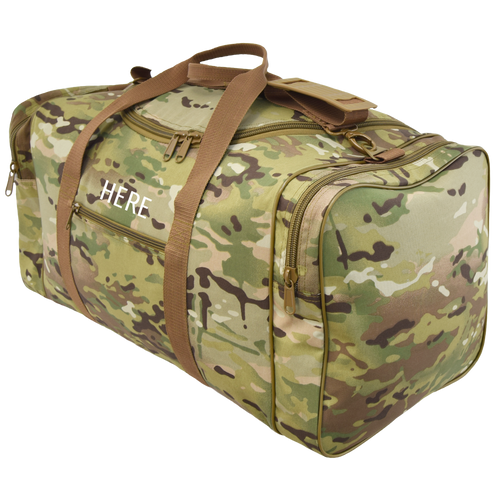 MultiCam® Large Square Duffel with monogram placement shown above front pocket.