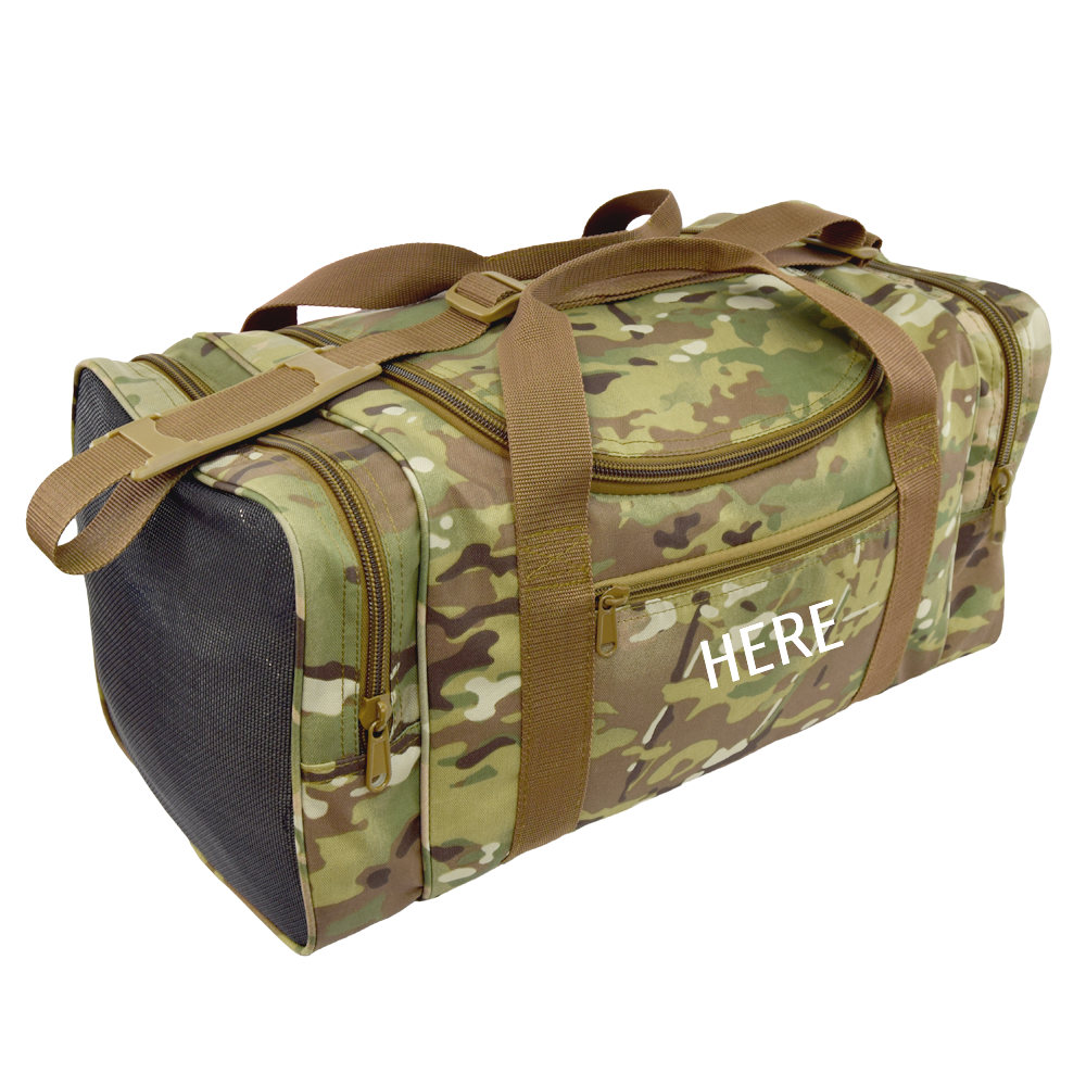 Square Sports Duffel in MultiCam® with monogram placement on front pocket.