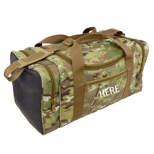 Square Sports Duffel in MultiCam® with monogram placement on front pocket.